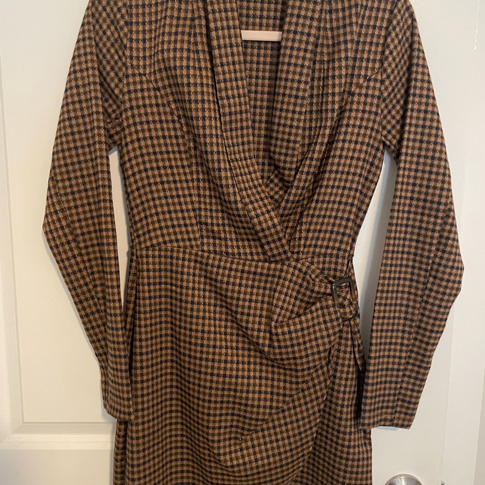 Brown Plaid Wrap Dress